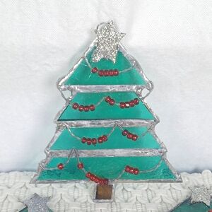 Set Of 6 Stained Glass Christmas Tree Suncatcher Ornaments 4.5" Holiday Decor